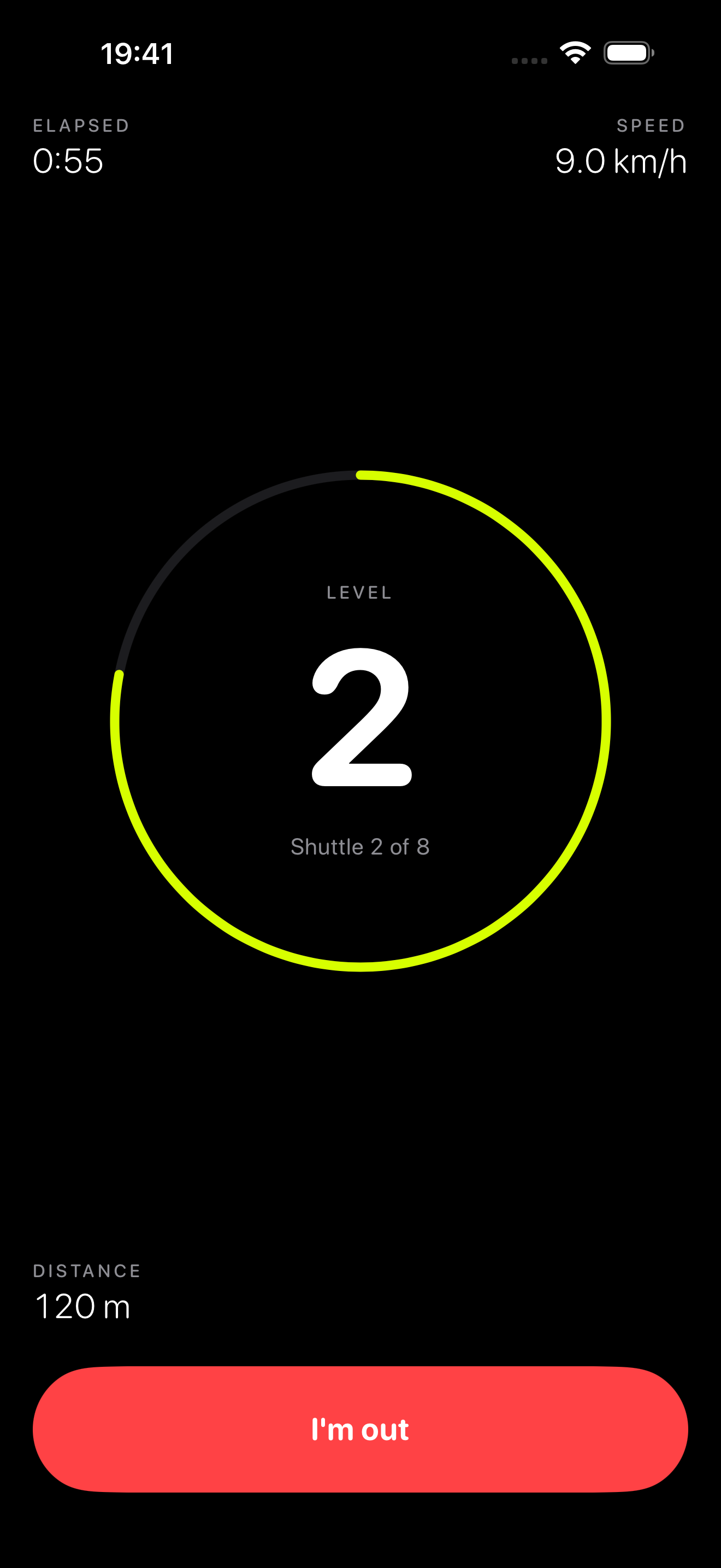 Level Best showing the current level, shuttle and pace during a bleep test